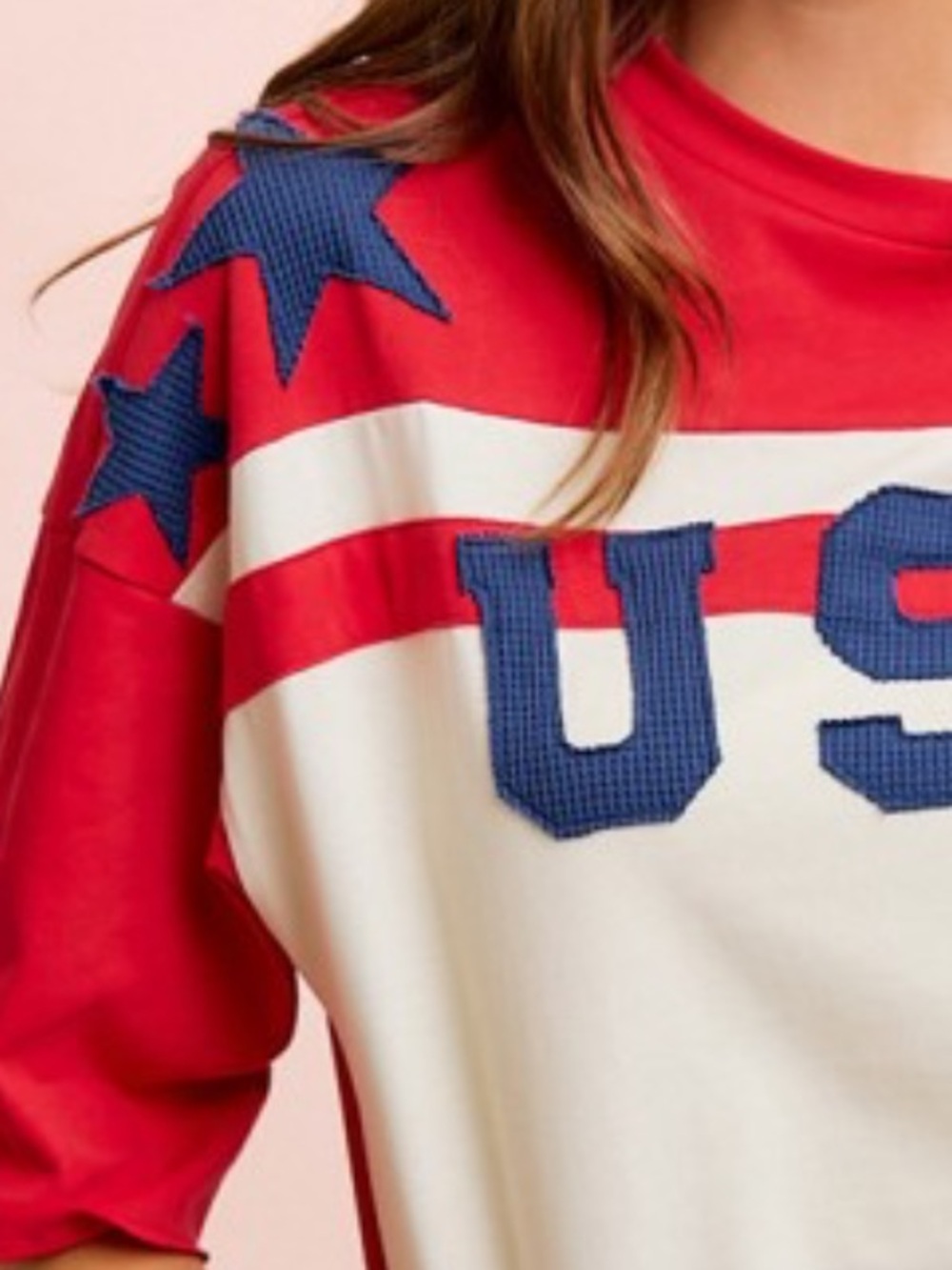USA Graphic Red and Cream Women's Pullover Top 4TH PATCHWORK SHORT XL - Picture 3 of 3